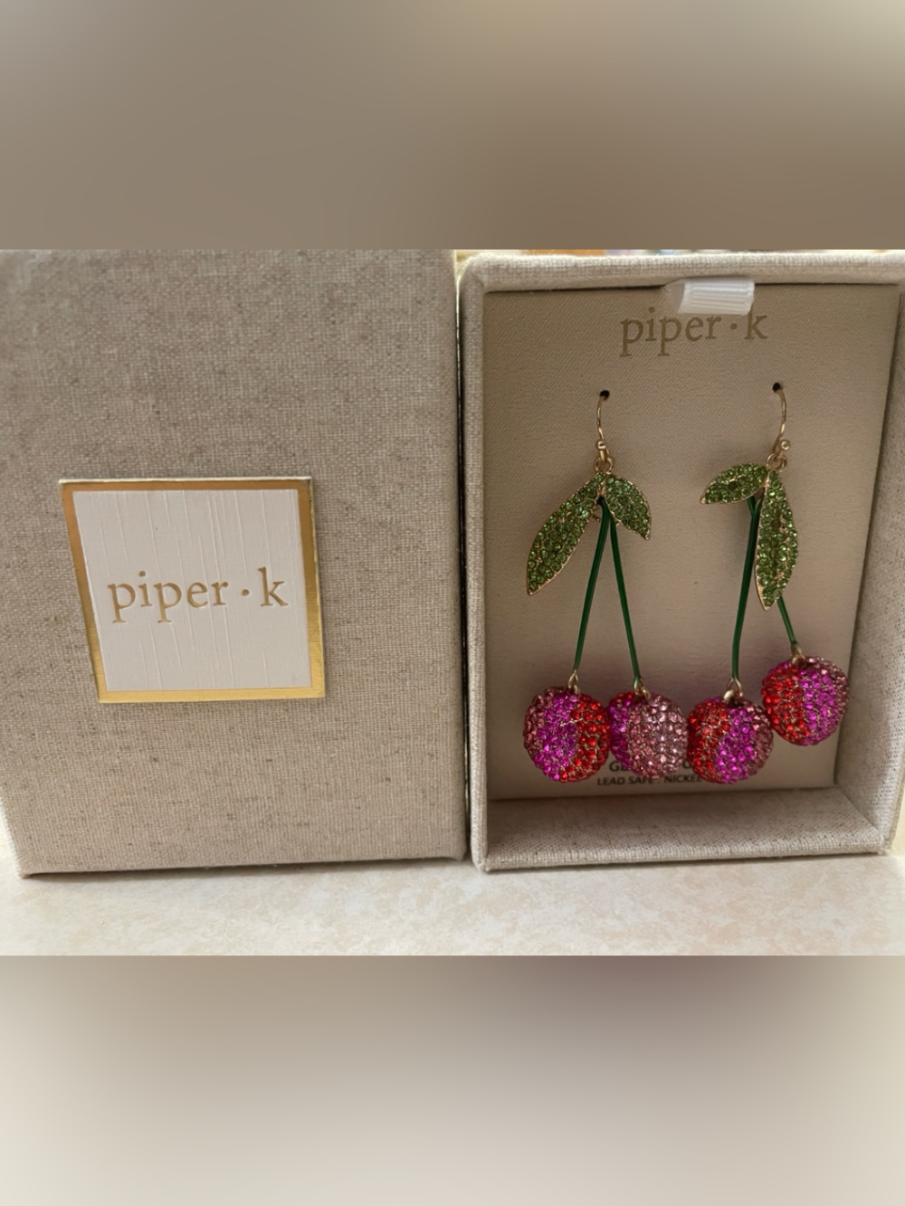 Piper Pink, Red and Green Crystal Cherry Drop Earrings NIB
